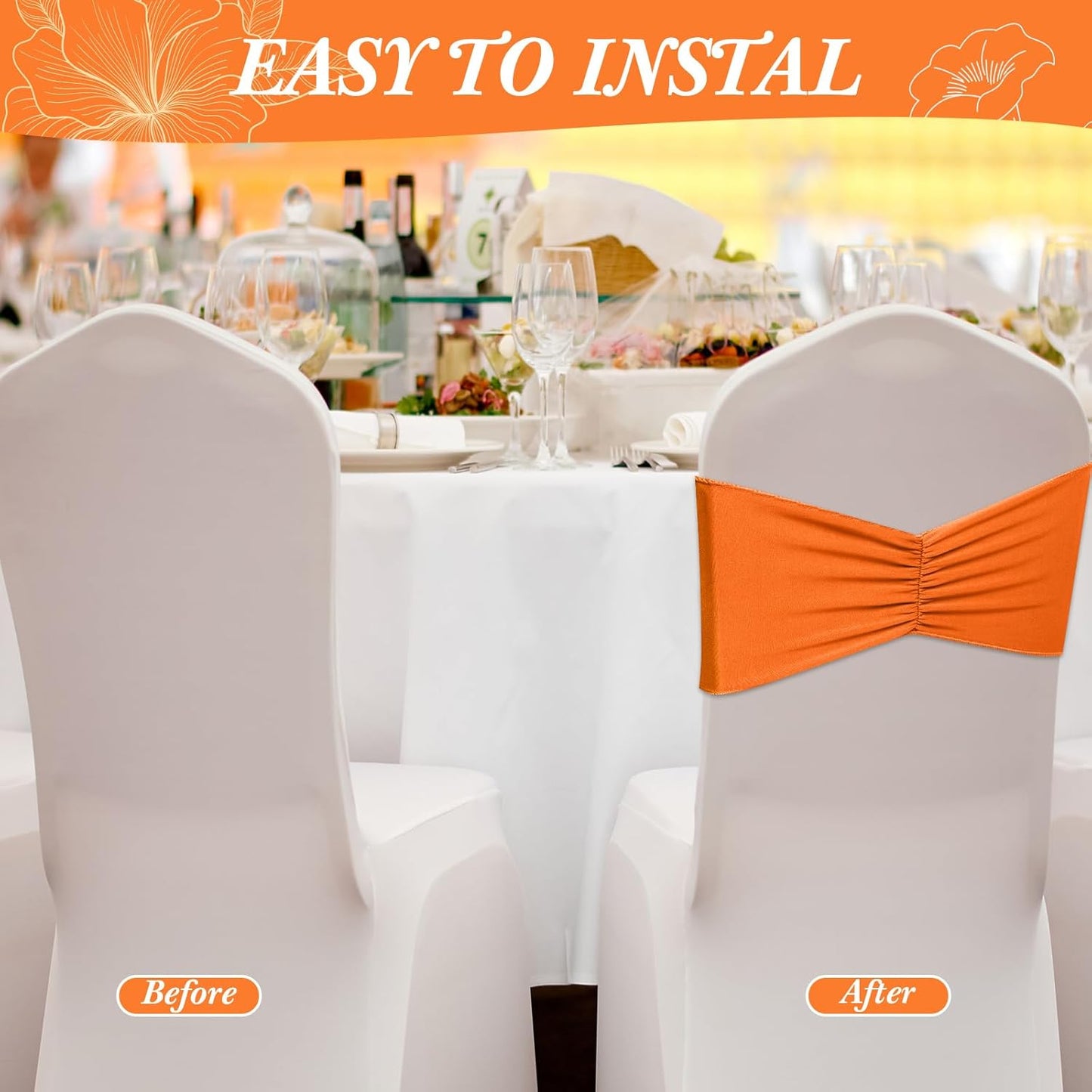Moukeren 100 Pcs Spandex Chair Sashes Bows Bands Slider Sashes for Chair Covers Elastic Bands Ties Ribbon Decorations for Wedding Party Events Ceremony Birthday Banquet(Orange)