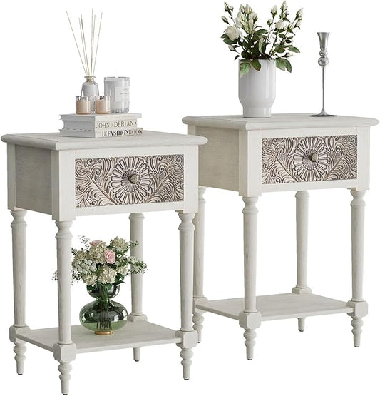HOMPUS End Table Set of 2 with Drawer and Shelf, Vintage Nightstand Set 2 w by HOMPUS