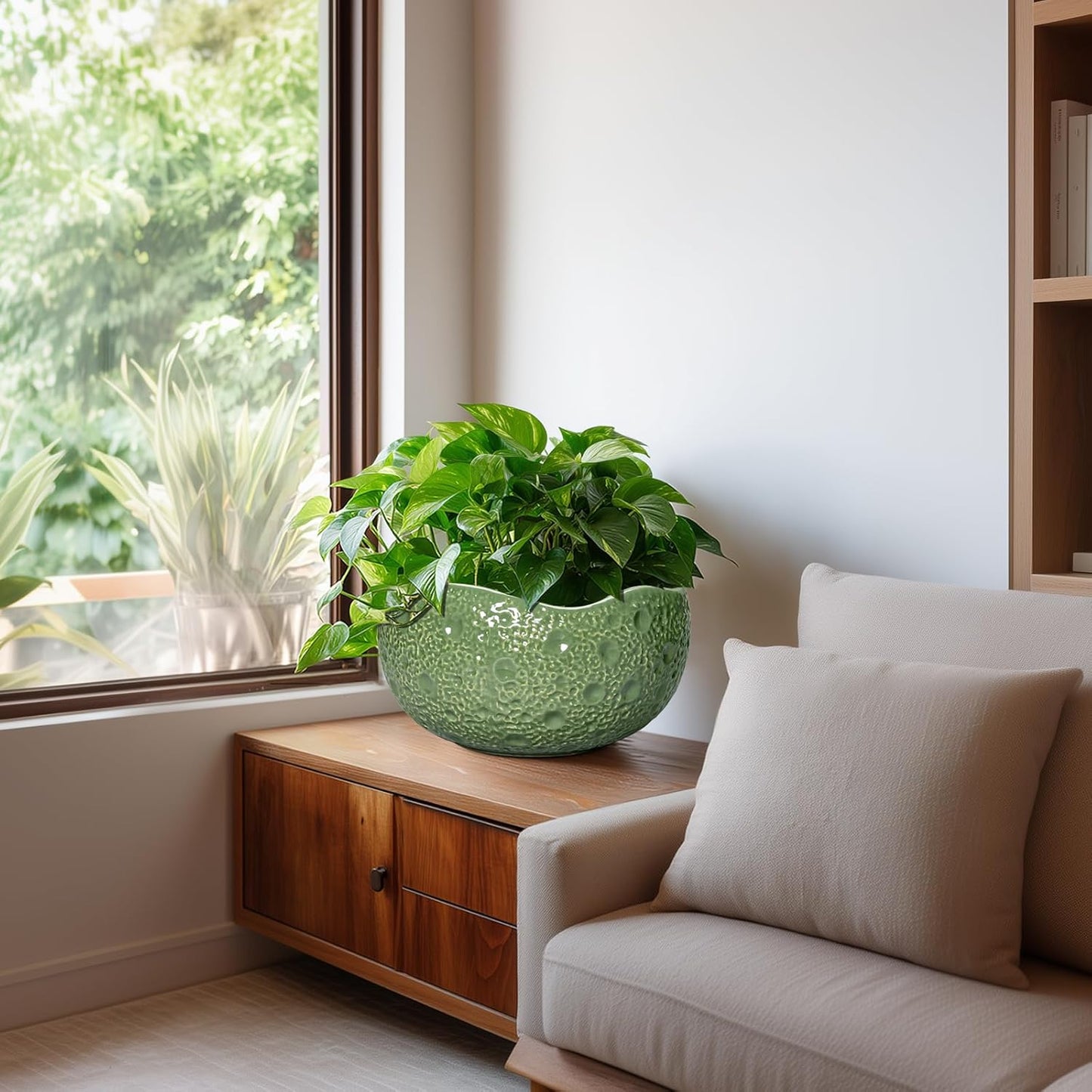 Ceramic Pots for Plants - 10 Inch Plant Pot for Indoor Outdoor, Round Bonsai Pots with Drainage Hole, Modern Planter, Decorative Flower Pot, Living Room Decor, Gifts for Plant Lovers, Green