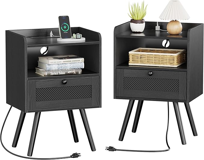SUPERJARE Nightstands with Charging Station, Bedside Table Set of 2 with by SUPERJARE