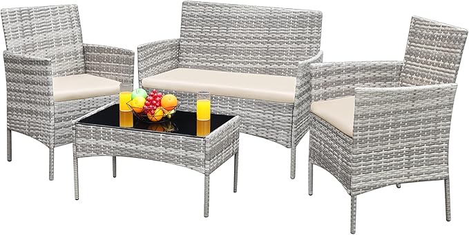 Greesum Patio Furniture 4 Pieces Conversation Sets Outdoor Wickerr Rattan by BuynowfromGreesum