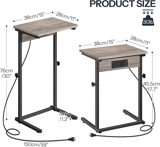 HOOBRO C-Shaped End Table with Charging Station, Adjustable Height Sofa Tray - Image 2