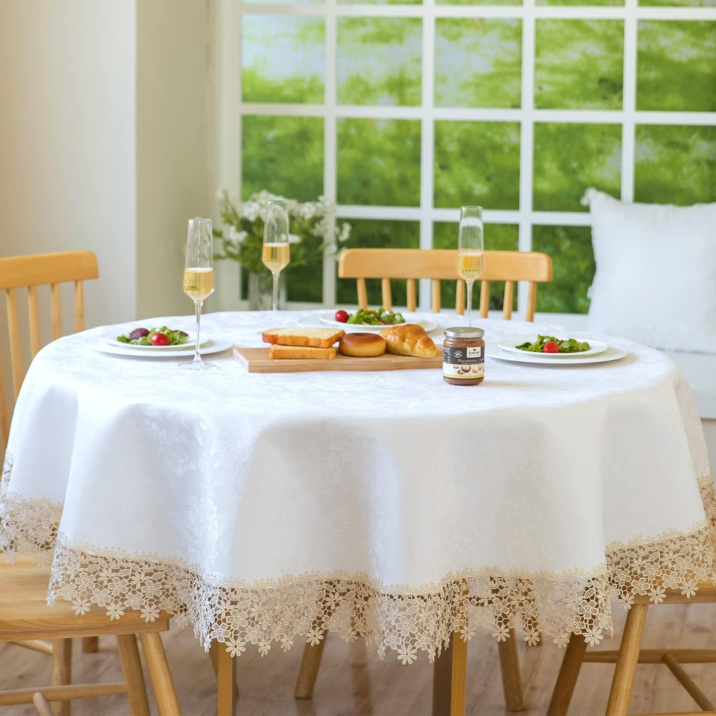 Beige lace Premium Round Farmhouse Tablecloth Waterproof OilProof SpillProof AntiShrink Soft Wrinkle Resistant Decorative Fabric Table Cover Kitchen Dinning Party Wedding Banquet