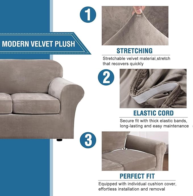 H.VERSAILTEX Real Velvet Plush 3 Piece Stretch Sofa Covers Couch Covers - Image 3