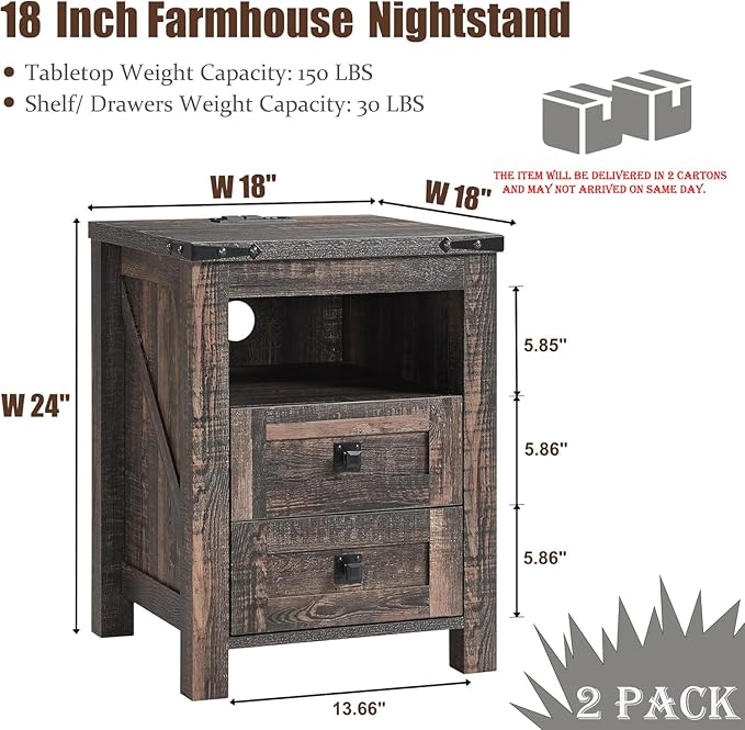 T4TREAM Farmhouse Nightstand Set of 2, Rustic End Table - Image 3