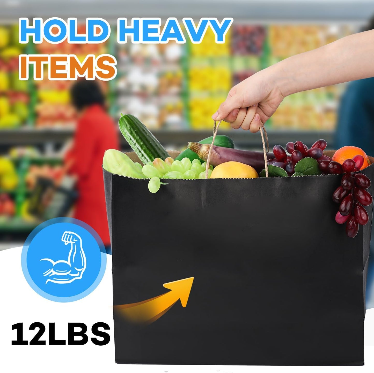 BURVAGY 16x6x12 Inch 100 Pcs Kraft Paper Bags with Handles Bulk, Kraft Shopping Black Large Recycled Gift Paper Bags with Handles for Small Business, Retail,Boutique,Grocery