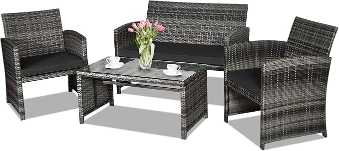 Goplus 4-Piece Rattan Patio Furniture Set, Outdoor Wicker Conversation Sofa by Goplus