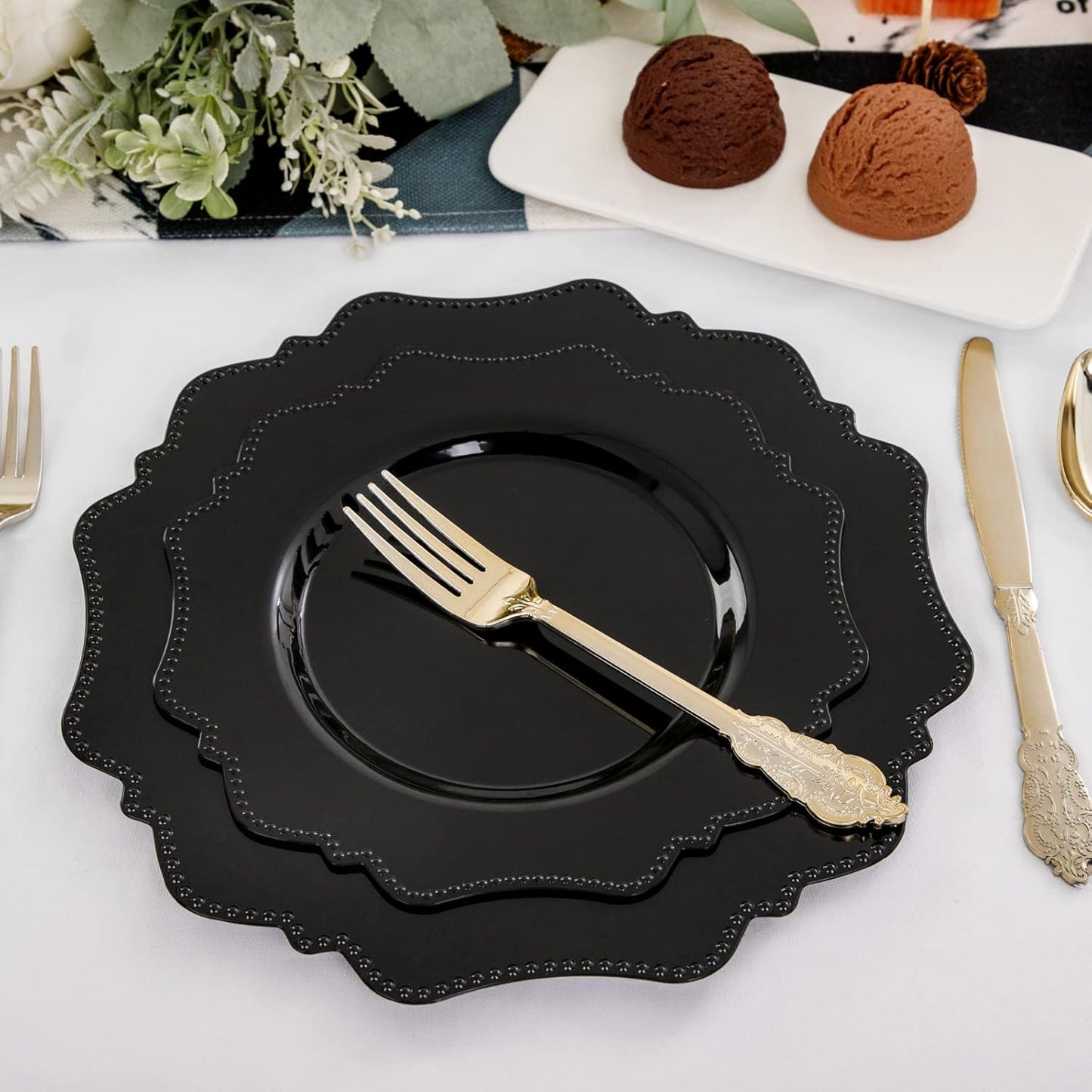 COLOSUS 100pcs Black Plastic Party Dinner Plates - 9.5 Inch- Heavy Duty Disposable Plastic Dinner Plates for Party Wedding and Everyday Use