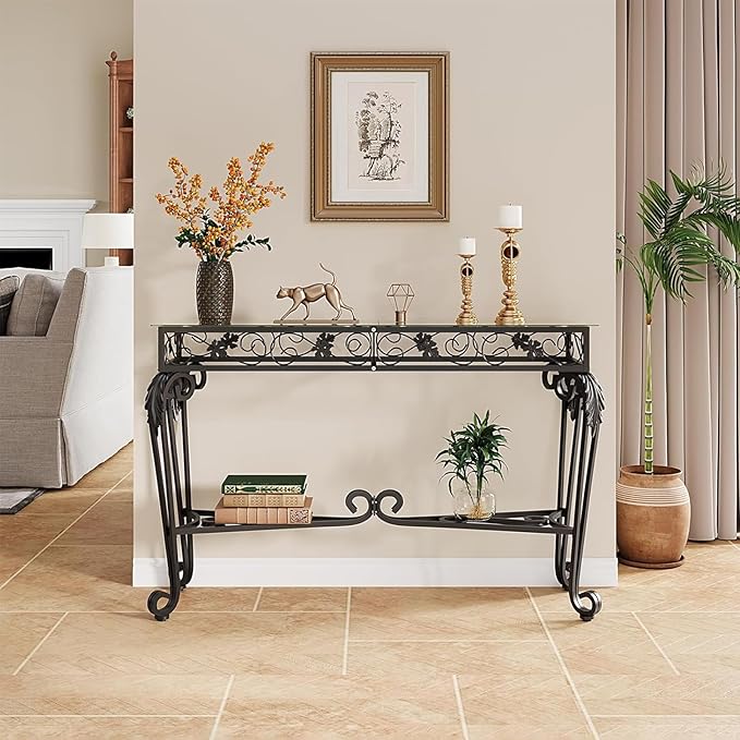 HavenlyYouth Console Table 47.2", Tempered Glass Sofa Tables, Vintage Entryway - Image 2