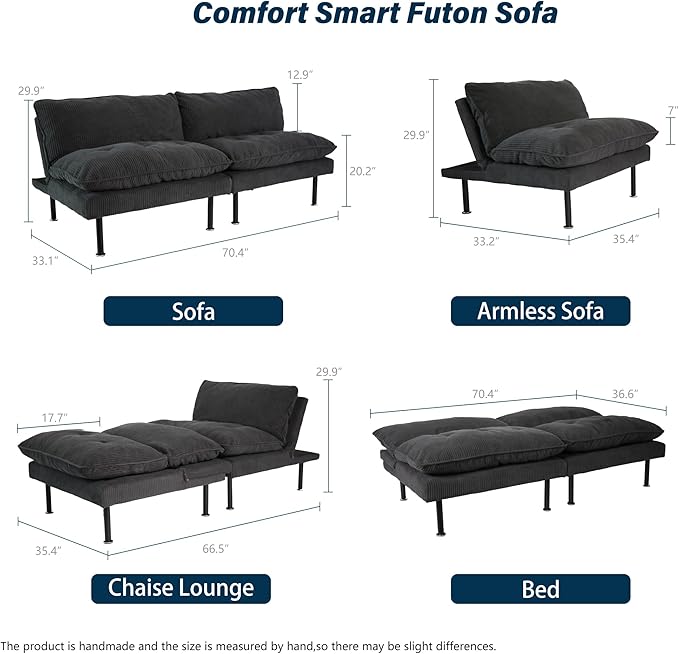 Ribilake 70" Futon Sofa Bed, 4 in 1 Multi-Function Couch Sleeper - Image 3