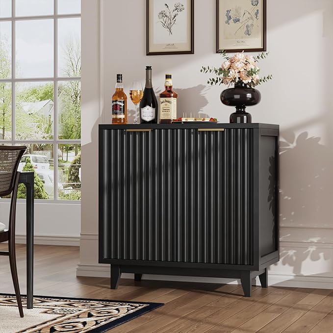 Fluted Coffee Bar Cabinet with Storage, Modern Sideboard Buffet Cabinet with - Image 8