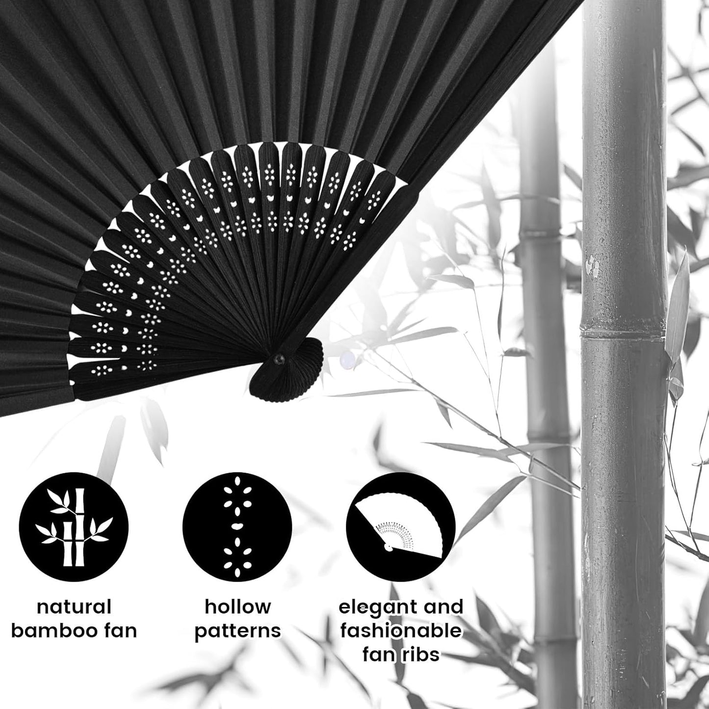 JOHOUSE 12 Packs 8.2 Inch Black Chinese Paper Foldable Hand Fan for Women - Wedding, Bridal Shower, Outdoor Party Favors, DIY Home Decor