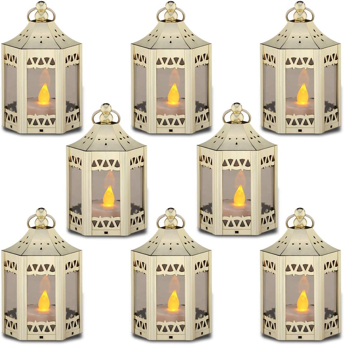 zkee Mini Star Lanterns with Flickering LED, Battery Included, Decorative Hanging Lanterns for Christmas and Indoor Use (Set of 8, Golden)