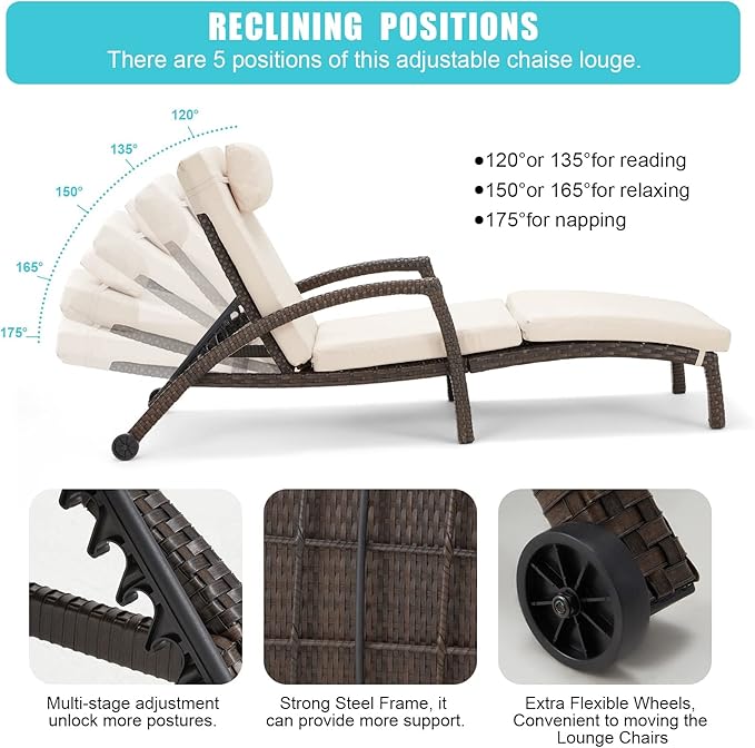 HOMREST Chaise Lounge Chairs Set of 6, PE Rattan Wicker Lounge Chair - Image 4