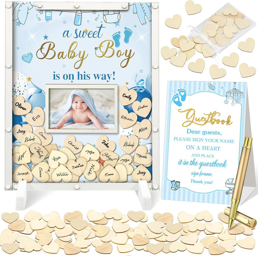 65 Pcs Blue Baby Shower Guest Book Alternatives He or She Gender Reveal Baby Shower Decorations Sign in Guest Book with Picture Frame and 60 Wooden Chip
