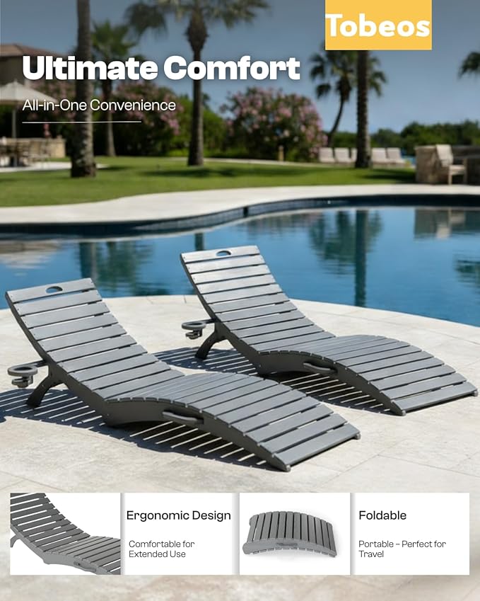 Folding HDPE Pool Lounge Chairs Set of 4, Pre-Assembled Outdoor Chaise Lounge - Image 4