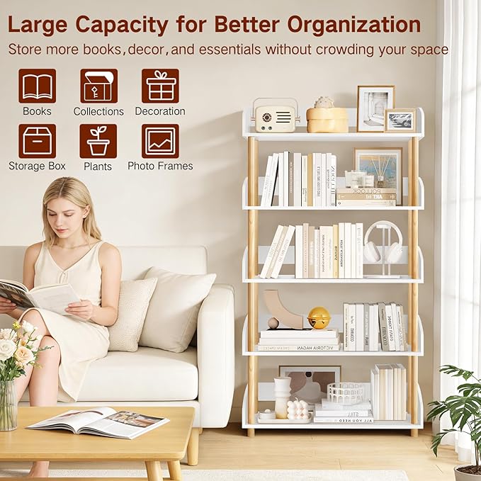 5-Tier Wooden Bookshelf, Modern Open Bookcase - Image 5