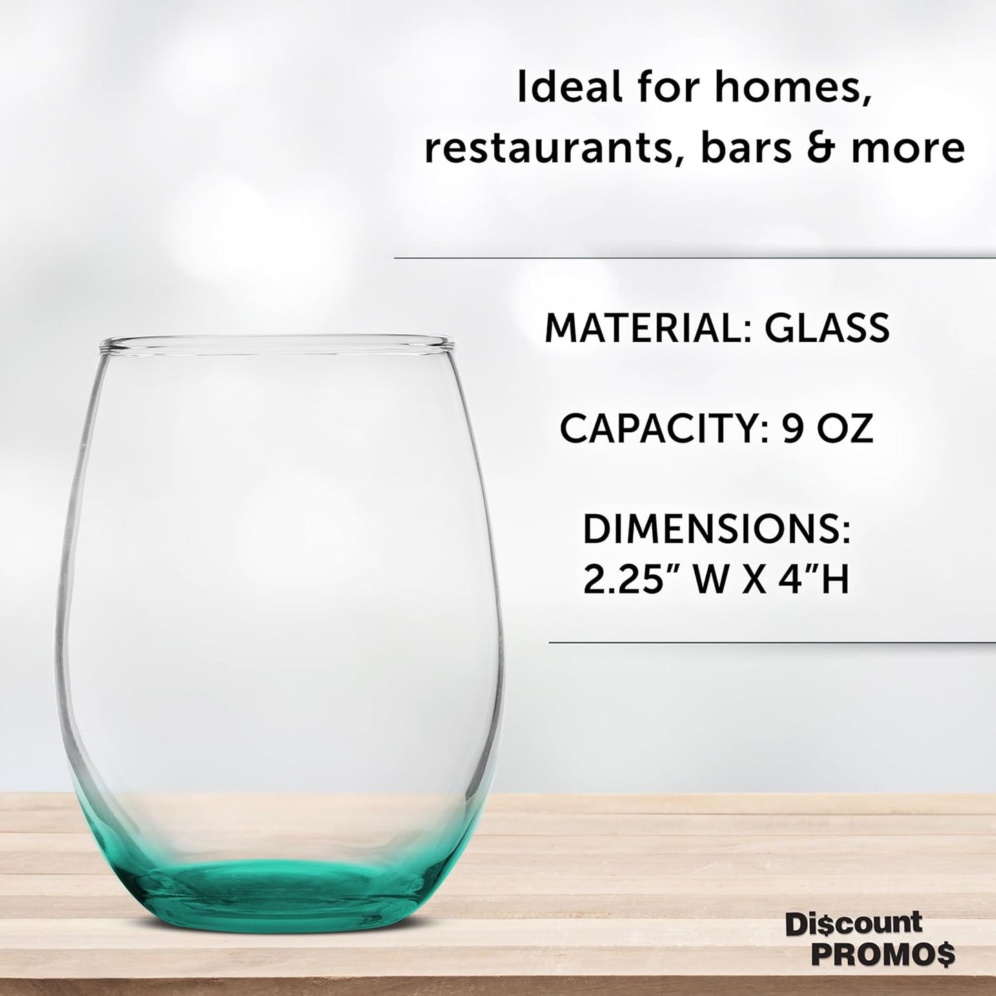 DISCOUNT PROMOS Stemless Wine Glass 9 oz. Set of 10, Bulk Pack - Great for Wedding Favors, Bachelorette Party and More - Green Bottom Color