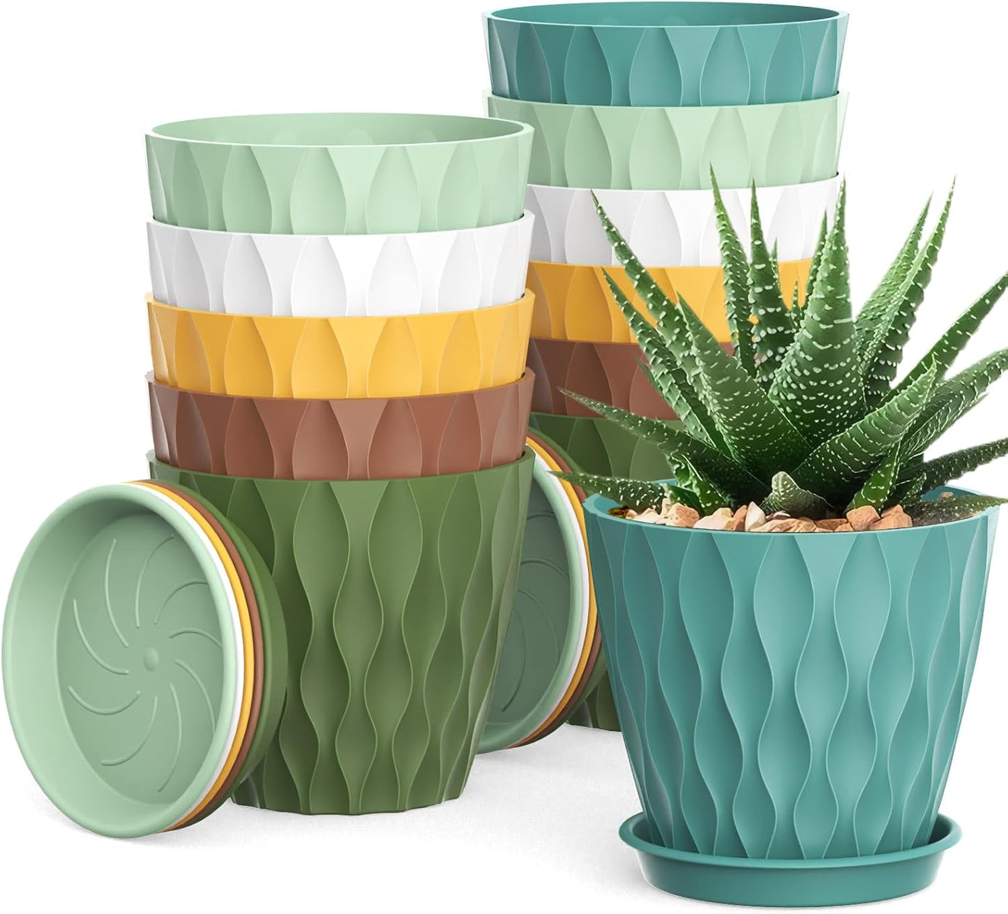 4 Inch Small Pots for Plants, 12 Pack Waffle Texture Small Plant Pots for Succulents, Plastic Planter with Drainage Holes and Saucers for Indoor Outdoor Plants, Flowers, Herbs, Seedlings, Colorful