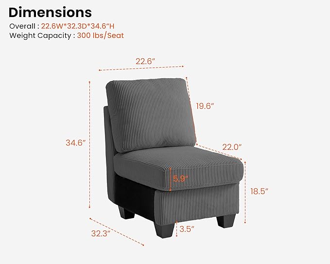 CHIC HOUSE Middle Module for Modular Couch, Corduroy Customizable Chaise - Image 2