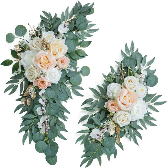 Artificial Blush Pink Wedding Arch Flower Swags Set of 2 for Welcome Signs and Ceremony Decorations, Champagne Gold Wedding Flowers