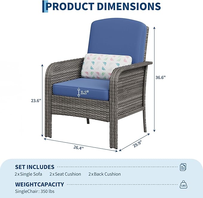 Garvee 2 Pieces Patio Furniture Set, Outdoor Wicker Chairs of 2, All Weather - Image 2