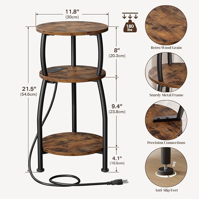 Round Side Table with Power Outlet & USB Ports, 3-Tier End Table with Storage - Image 3