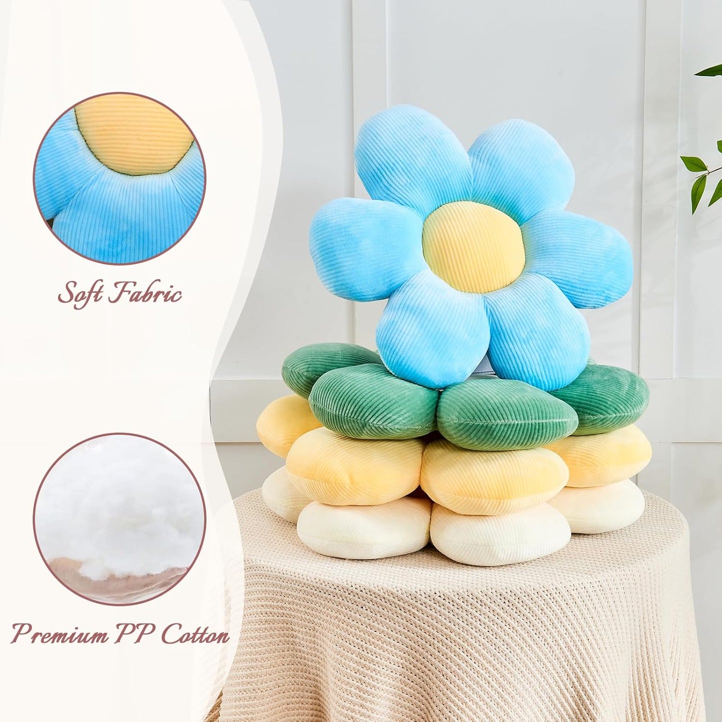 Yellow Flower Pillow, 14.9" Cute Flower Shaped Floor Pillow, Aesthetic Floral Plush Daisy Decorative Throw Pillows for Bed Sofa Couch