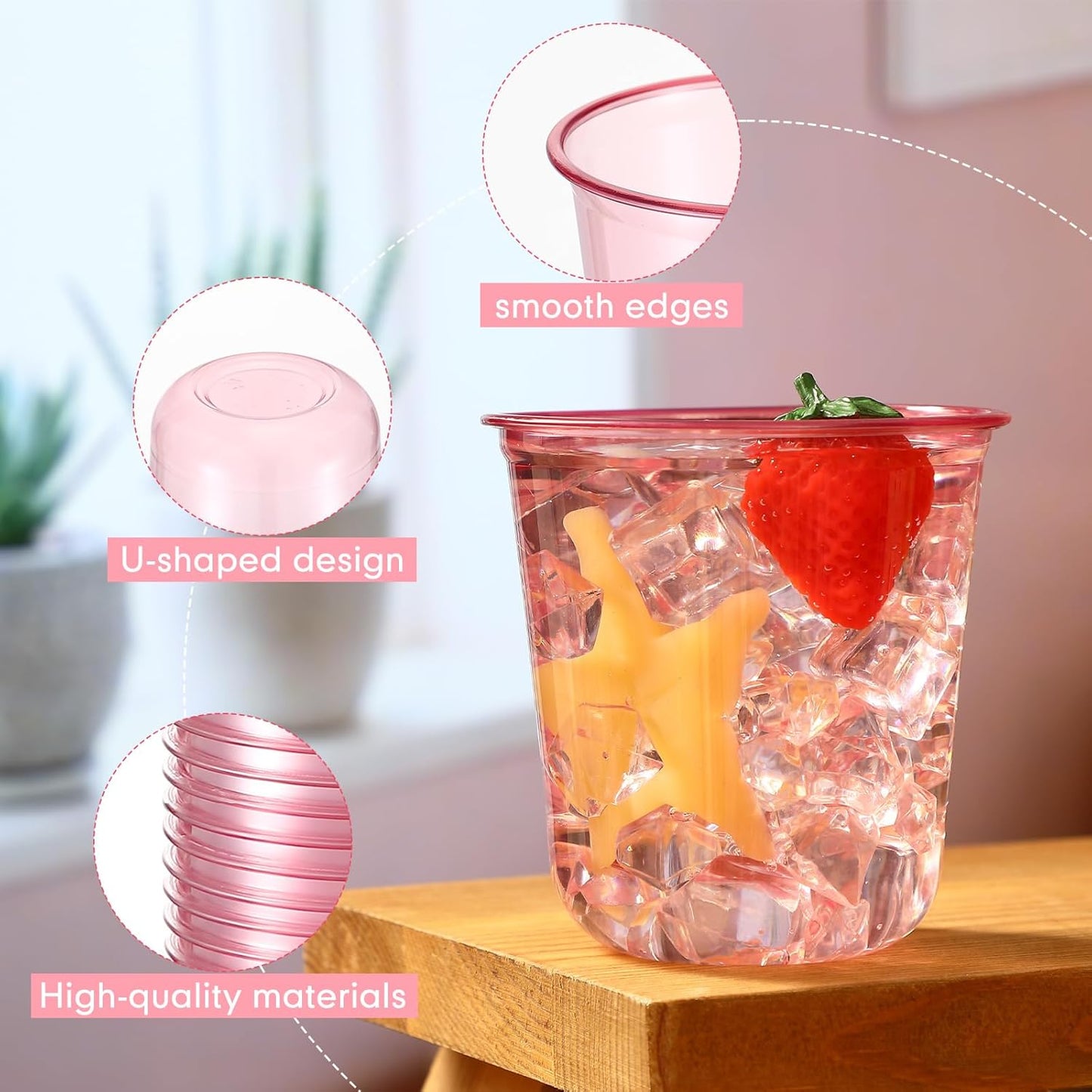 100 Pcs Disposable Stemless Glasses 12oz Crystal Plastic Wine Glasses Clear Classic Pet Cup for Meeting Weddings Birthdays Cocktail Christmas Party Supplies (Pink)