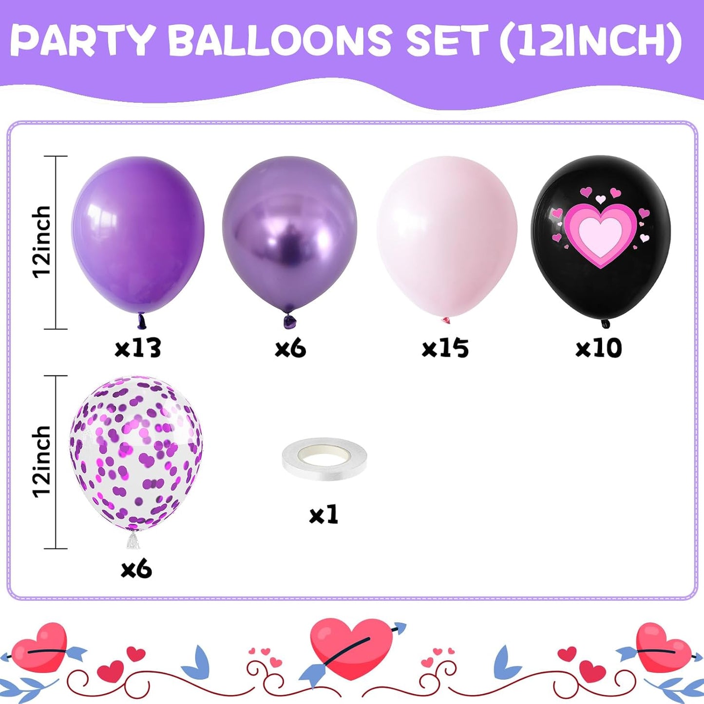 Pink Purple Black Balloons, 50PCS 12 Inch Black Macaron Metallic Purple Pink Birthday Heart Printed Balloons for Princess Theme Birthday Decorations Baby Shower Party