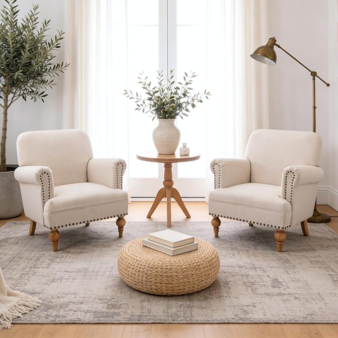 Beige Linen Fabric Accent Chair, Modern Farmhouse Upholstered Armchair - Image 5