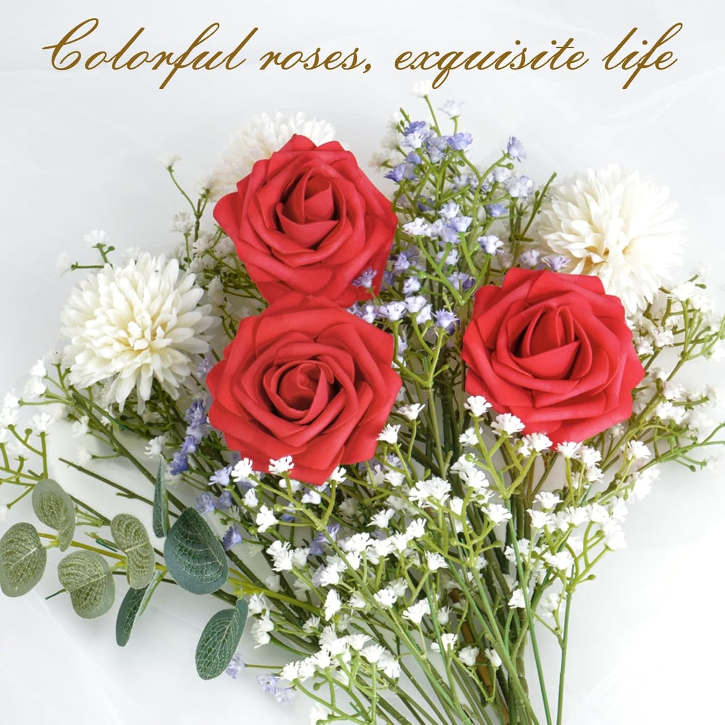 BLEUM CADE 16Pcs Artificial Flowers Fake Roses with Stems, Red Boxed Foam Roses for DIY Bouquets Centerpieces Wedding Party Arrangement Bridal Shower Decor