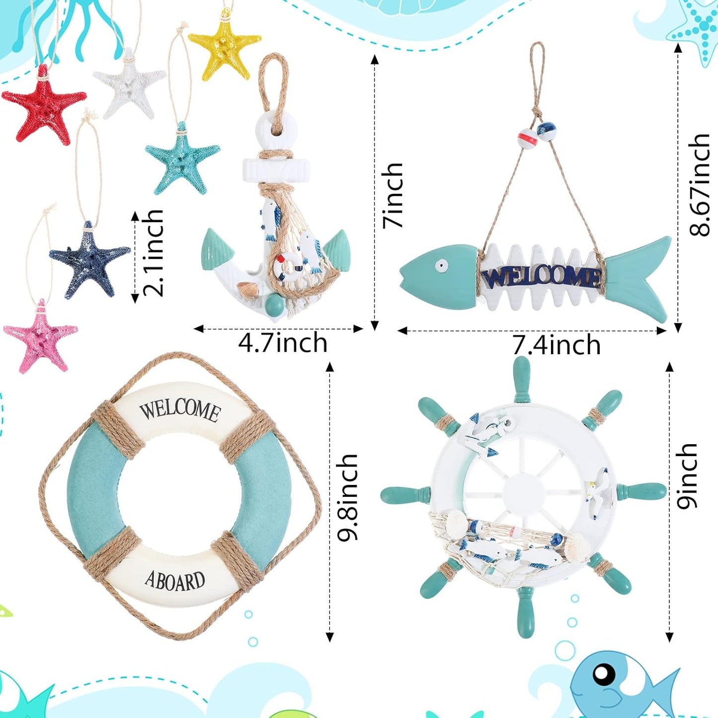 Marsui 11 Pcs Wooden Nautical Wall Decor Fishing Net Decorations, Include Decorative Fishing Net, Ship wheel, Fish Skeleton, Life Ring, Anchor, Starfish Beach Decor for Mediterranean Party (Teal)