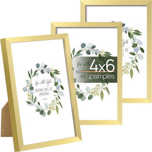 upsimples 4x6 Picture Frame Set of 3, Made of High Definition Glass for 4 x 6 Gold Frames, Wall and Tabletop Display Thin Border Photo Frame for Home Décor