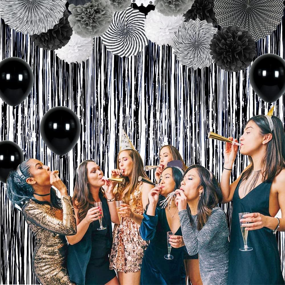BEISHIDA 4 Pcs Black Door Streamers Tinsel Curtain Party Streamers Backdrop Fringe Foil Wall Background for Birthday Halloween Christmas Wedding Party Decoration(3.28 ft x 6.56 ft)