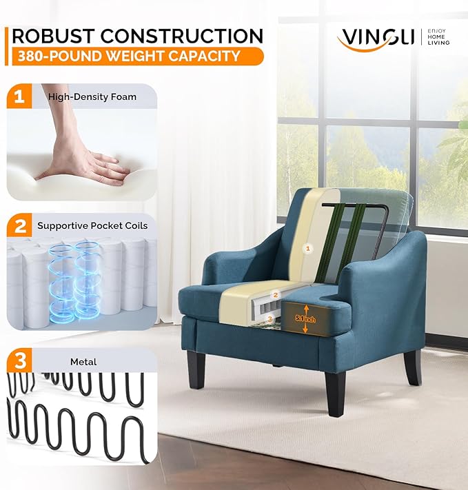 VINGLI Linen Fabric Accent Chairs Set of 2, Comfy Sofa Chair Living Room - Image 4