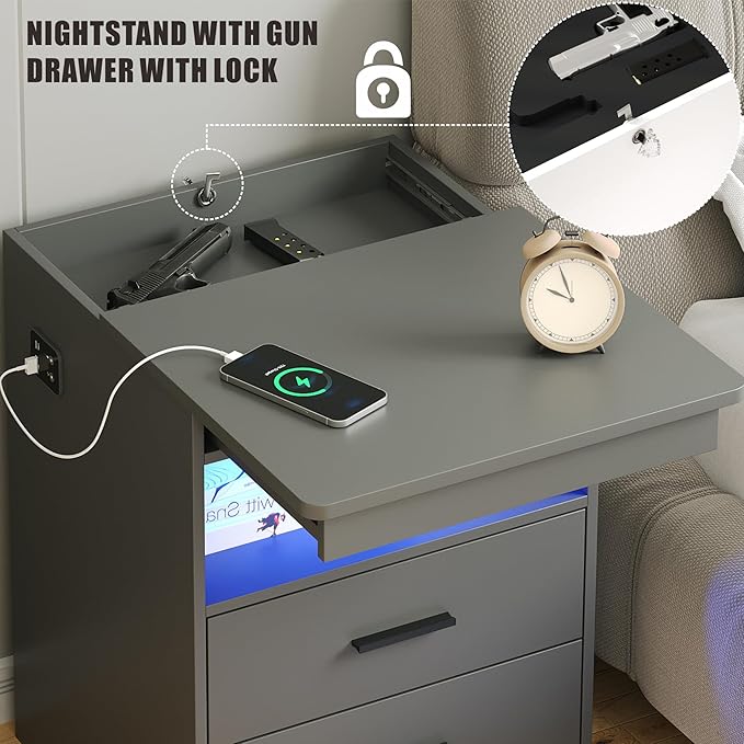 Nightstand with Gun Drawer, Charging Bedside Table with USB & Type-C Port - Image 3