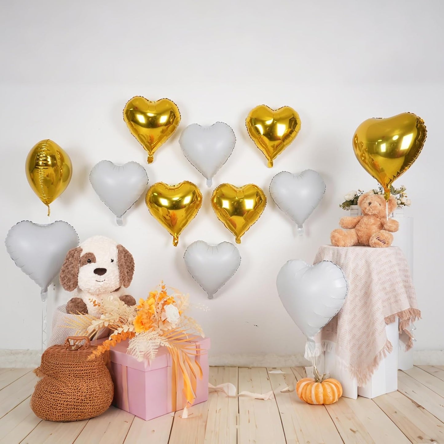 Gold White Heart Balloons,12Pcs 18 Inch Metallic Gold Cream Foil Love Heart Shaped Balloons for Birthday Party Wedding Engagement Anniversary Graduation Baby Shower Valentines Day Decorations