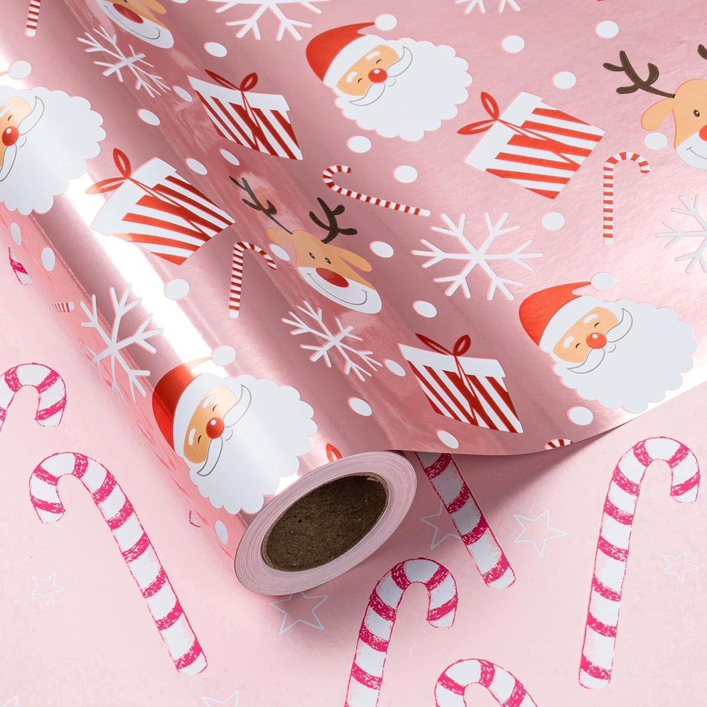 LeZakaa Christmas Pink Wrapping Paper Jumbo Roll, Santa Claus & Candy Cane, Metallic Foil, Rose Gold Foil Reversible Design for Festive Winter Holiday, Family Gathering, 30 inches x 32.8 Feet