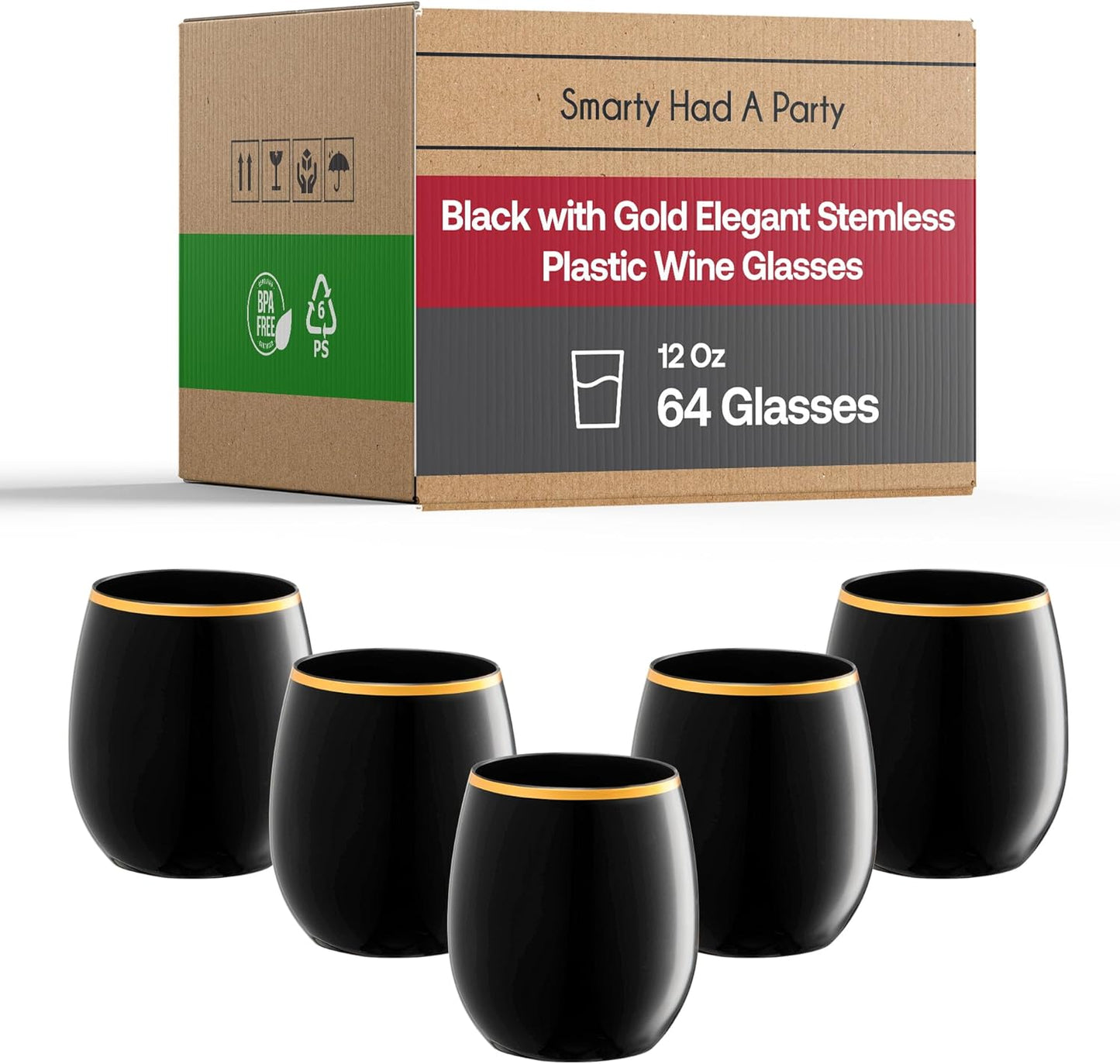Smarty Had A Party 12 oz Wine Glasses Pack of 64 Black with Gold Stemless Unbreakable Plastic Glasses, Disposable or Reusable for Parties, Weddings, and Events