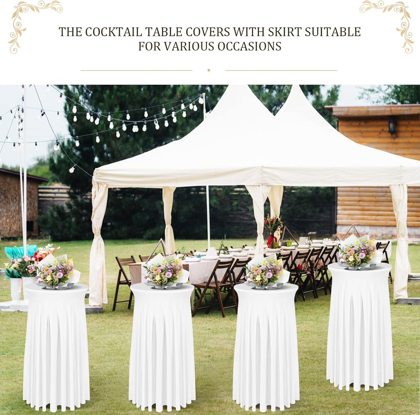 Cocktail Table Covers - 2 Pack 24"x 43" White Cocktail Table Tablecloth with Natural Wavy Round Skirt for Bar Wedding Party Banquet