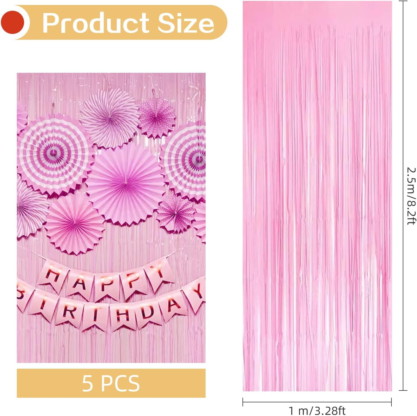5 Pack Pink Foil Curtain Backdrop 3.2ft x 8.2ft Tinsel Foil Fringe Curtains Macaron Photo Booth Streamer Backdrop for Party Decorations Birthday Baby Shower Bachelorette Holiday Decor (Pastel Pink)