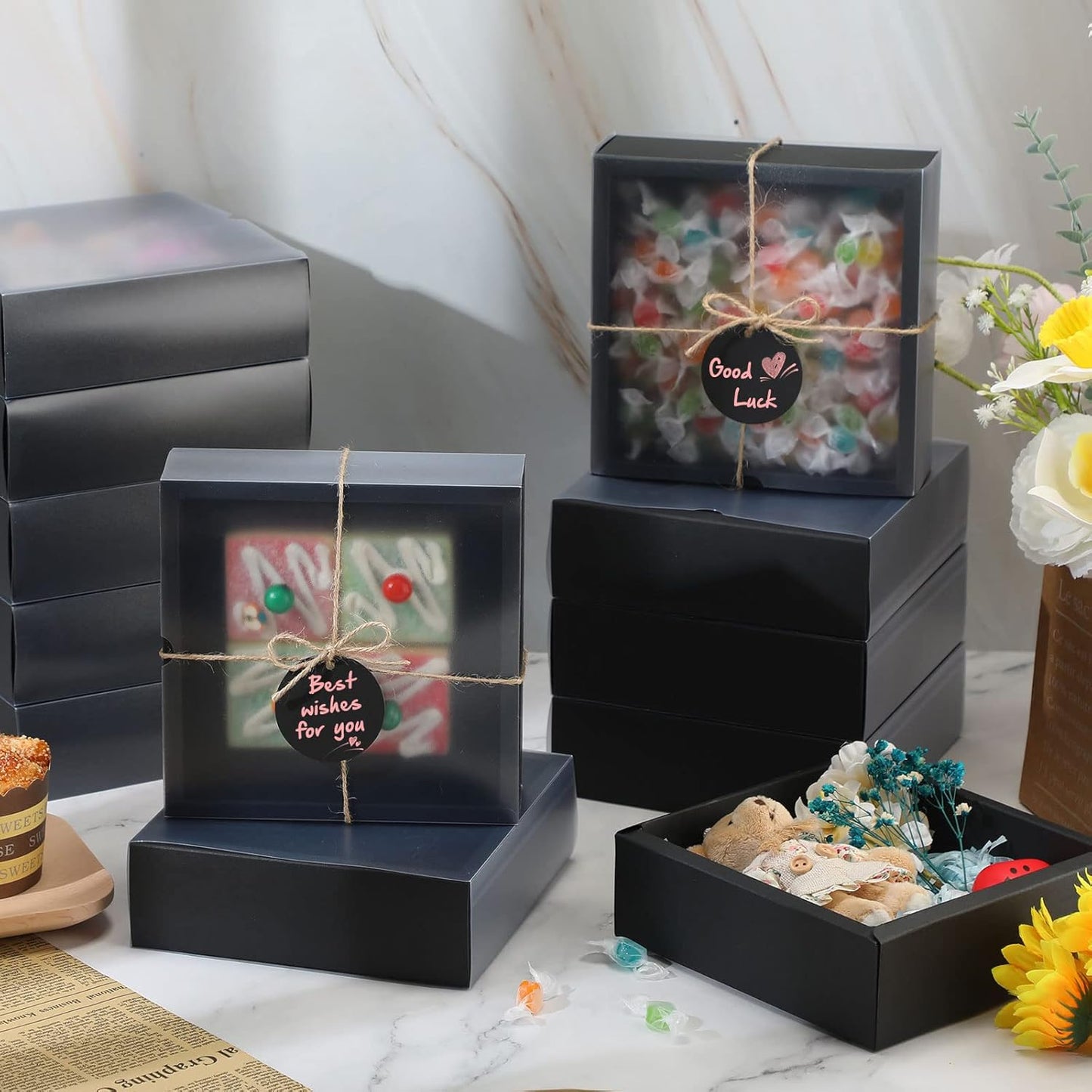 Roowest 50 Sets Kraft Soap Boxes Rectangle Packaging Box with Window Homemade Gift Box with Blank Tags and Jute String for Jewelry Candy Wrapping Party Favor(6.5 x 6.5 x 2 Inch,Black)