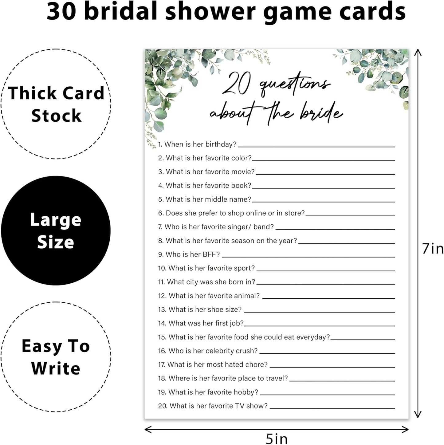 Eucalyptus Bridal Shower Game Cards - 20 Questions About The Bride, Wedding Engagement Bachelorette Party Bridal Shower Games for 30 Guests, Double Sided Cards Set of 30, Activity Supplies & Favor/A14