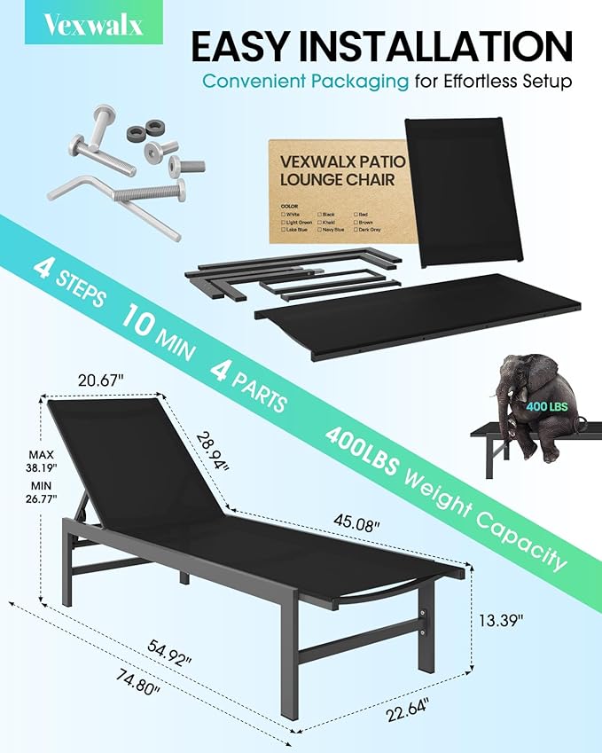 Vexwalx Outdoor Lounge Chair for Pool, Aluminum Chaise Lounge Chairs - Image 3