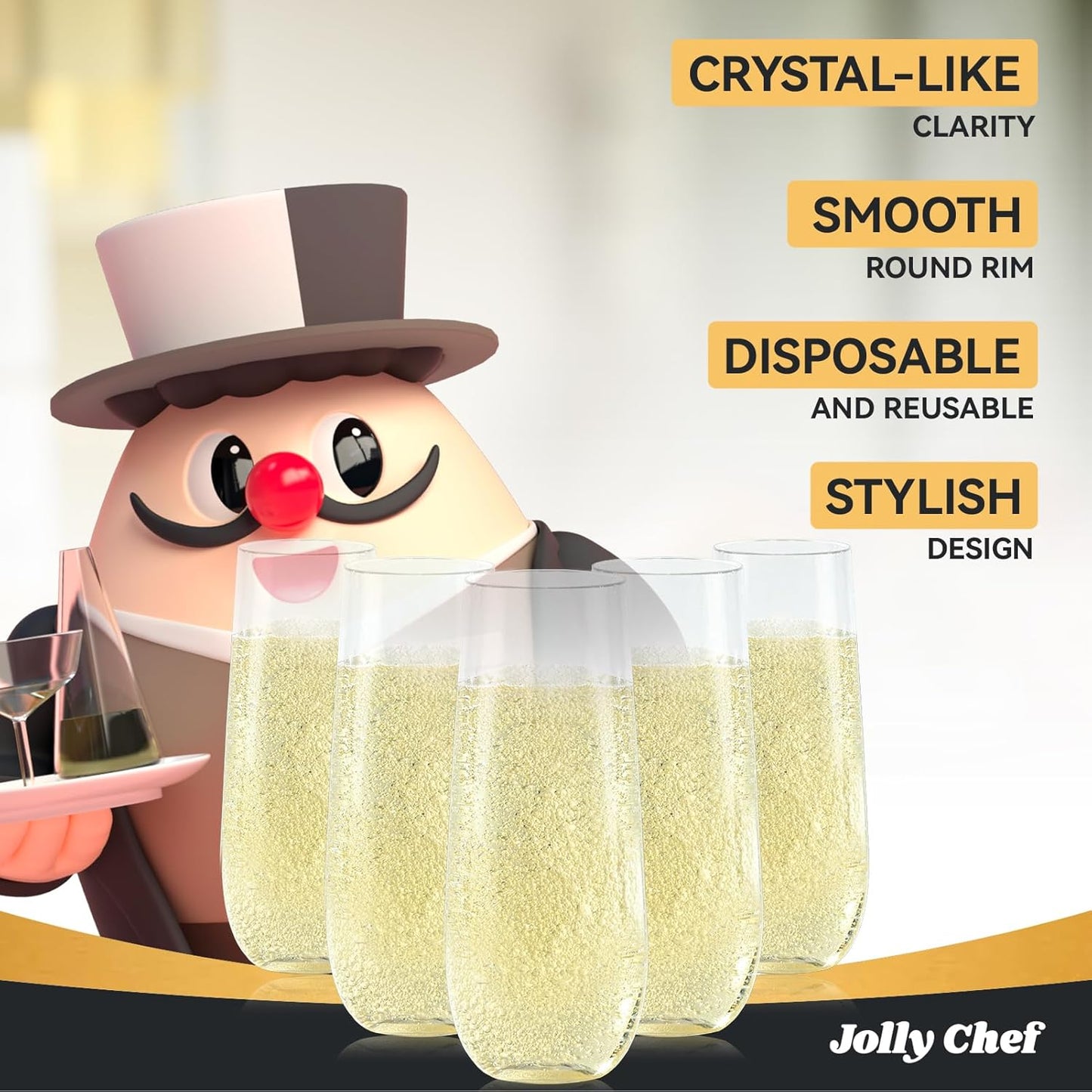 JOLLY CHEF 36 Pack Stemless Plastic Champagne Flutes 9 oz, Crystal Clear Stemless Plastic Toasting Glasses, Clear Disposable Unbreakable Drinkware Ideal for Wedding, Birthday, Party