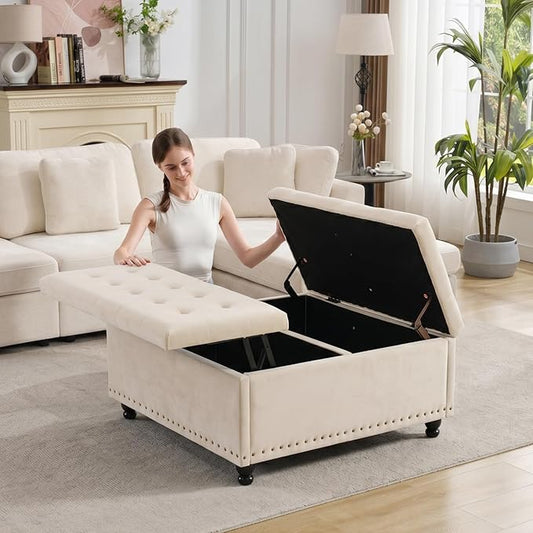 Tbfit Large Square Storage Ottoman Bench, Tufted Upholstered Coffee Table by TBfit