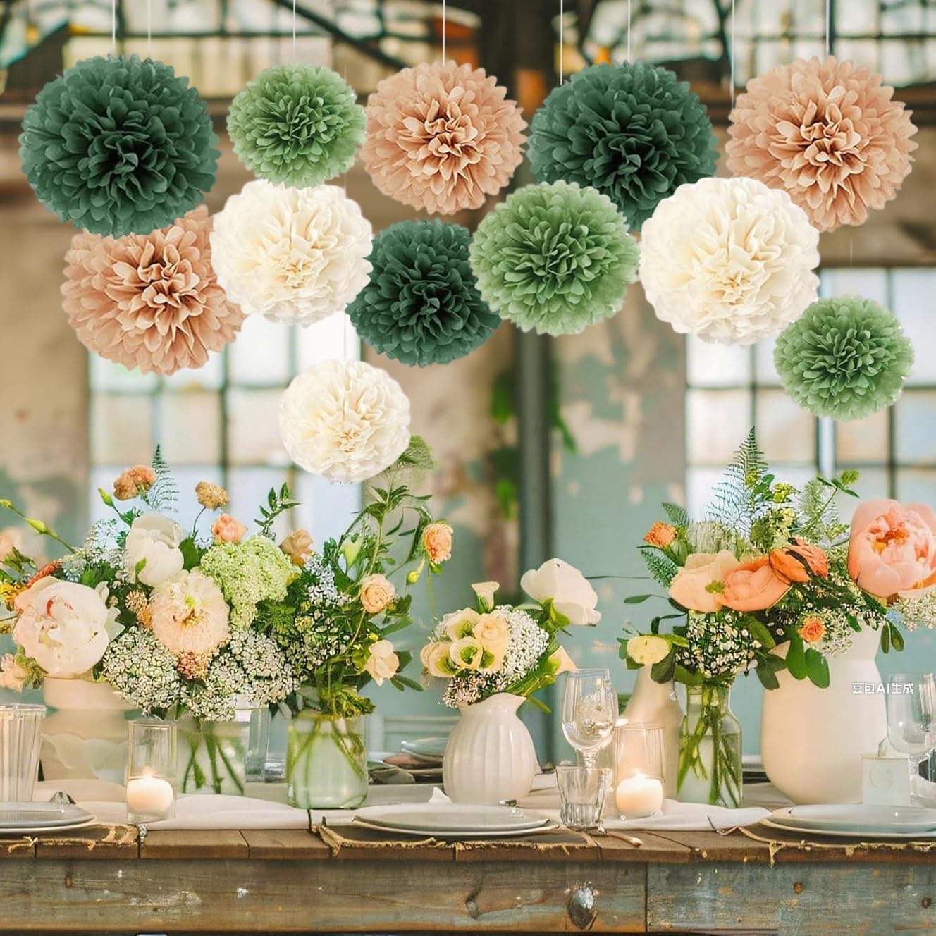 Capesaro Olive Sage Green 12PCS Paper Pom Poms Party Decorations for Natural Green Boho Safari Jungle Party,Hanging Tissue Paper Flowers for Engagement,Wedding,Baby Shower