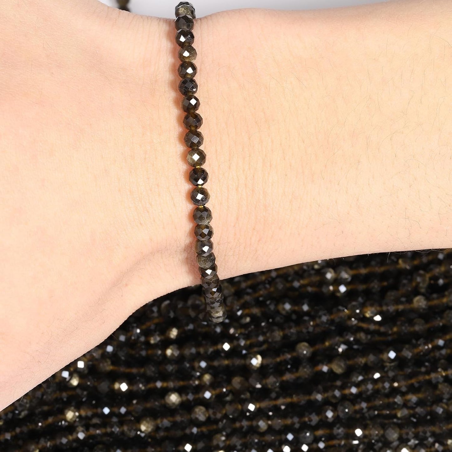 Song Xi 90pcs 4mm Natural Gold Obsidian Gemstone Beads Faceted Round Loose Stone Beads for Jewelry Making