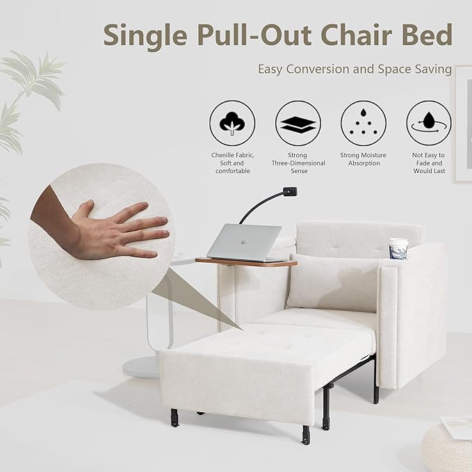 LEVNARY 3-in-1 Convertible Chair Pull Out Bed, Single Sofa Chair Sleeper - Image 4